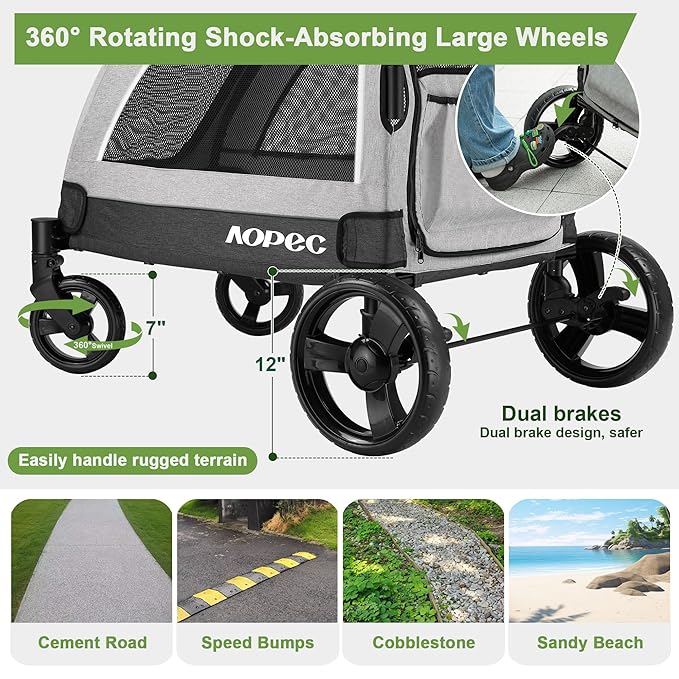 Large Dog Stroller - Dual Entry Safety Folding Pet Stroller with Adjustable Handle, All-Terrain 4-Wheel, 160 lbs Weight Capacity for Travel & Outdoor Adventures - Gray