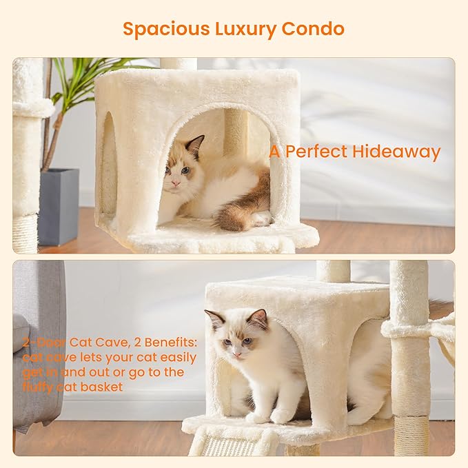 Heybly Cat Tree with Cat Self Groomer Brush, Cat Tower Condo for Indoor Cats with Padded Plush Perch, Cat House with Basket Scratching Board Post, Beige HCT005SM