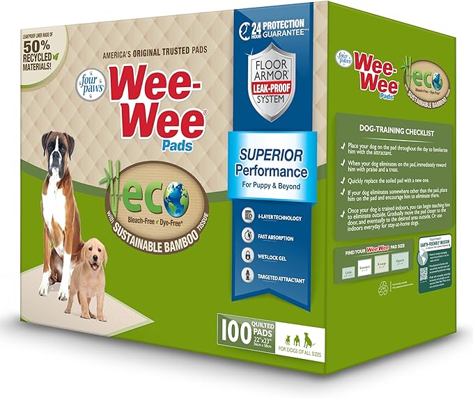 Four Paws Wee-Wee Superior Performance Bamboo Pee Pads for Dogs, Earth Friendly Dog & Puppy Potty Training Pads, Crate Liners, Housebreaking Supplies, 22" x 23" (100 Count)