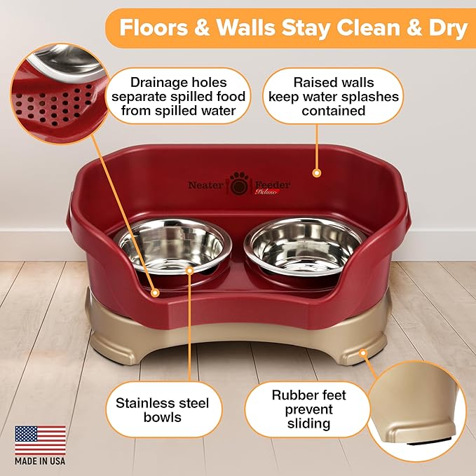 Neater Pet Brands Neater Feeder Deluxe Mess Proof Dog Bowls Elevated for Small Dogs Under 19 lbs, Made in USA, No Spill Raised Dog Food Bowl Stand Feeding Station, Food and Water Bowl Set, Cranberry