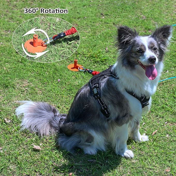 Dog Stakes for Outside Heavy Duty Hold up to 350Lbs Large Dogs Tie Out Tether Leash Chain for Yard Screw in Ground Anchors 17inch with Buffer Rope, Blue, 25 FT Steel Cable