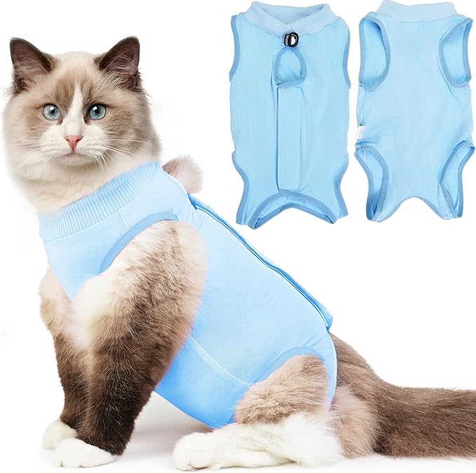 Recovery Suit for Cats After Surgery Soft Breathable Pet Bodysuit E-Collar & Cone Alternative Surgical Suit Kitten Wear Anti Licking Wounds Cat Onesie Cats Neuter Shirt Blue S