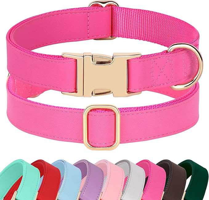 PET ARTIST Soft PU Leather Dog Collar, Bright & Stylish Hot Pink Dog Collar Girl with Quick Release Rose Metal Buckle, Nylon Padded Durable Pet Collars Adjustable for Large Dogs, Neck Fit 16-27"