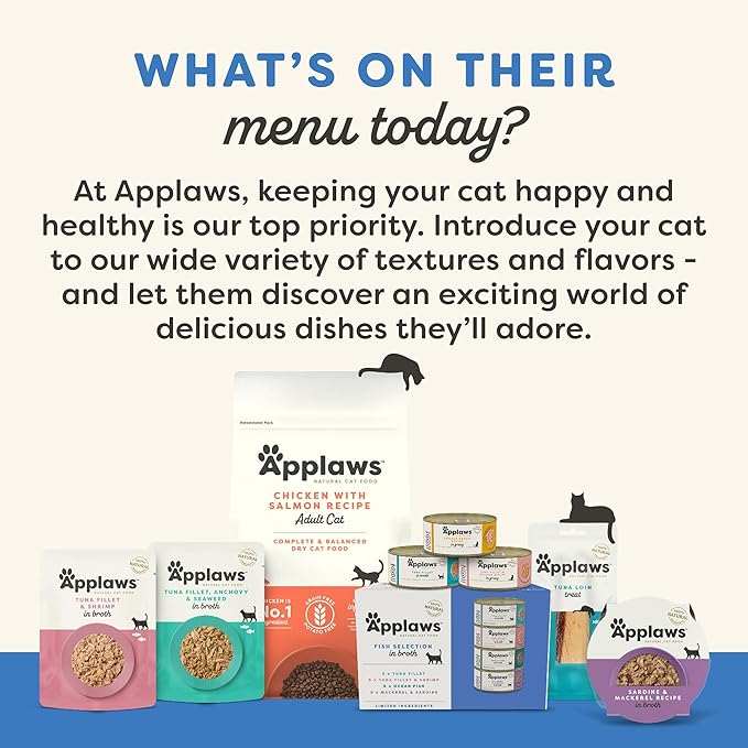 Applaws Natural Wet Cat Food in Broth, Limited Ingredient Canned Wet Cat Food, No Additives, Made with Natural Ingredients, Tuan Fillet & Salmon in Broth (24 x 5.5oz Cans)