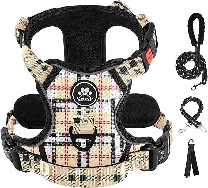 IVY&LANE No Pull Dog Harness with Leash Set, Reflective No Choke Pet Vest,Adjustable Oxford Dog Vest Harness with Easy Control Handle for Medium Lagre Dogs (Checkered Beige,M)