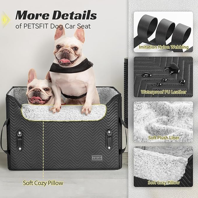 PETSFIT Dog Car Seat Medium Sized Dog, Waterproof PU Leather Dog Seat for Car with Patented Safe Buckles, 2 Clip-On Safety Leashes, Suitable for 2 Small Dogs (Medium, Black)