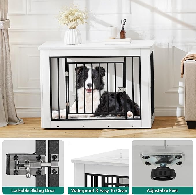 YITAHOME 38.2" L Dog Crate Furniture for Large Dogs, 2-in-1 Iron-Wood Fusion Dog cage Indoor up to 60 lb, Side End Table, Modern Dogs Kennel with Waterproof Top, Safety Corners,Steel Lock,White