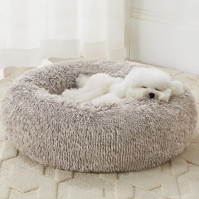 WNPETHOME Calming Dog Bed Cat Bed Donut, Faux Fur Pet Bed Self-Warming Donut Cuddler, Comfortable Round Plush Dog Beds (20 x 20 inch, Light Coffee)