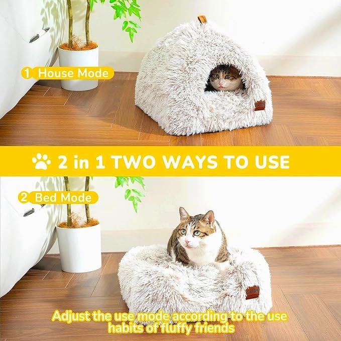 CATISM Cat Bed, Cat Cave for Indoor Cats, Soft Cat Dome, Self-Warming 2 in 1 Foldable Pet Cat House with Washable Cushioned Pillow Calming Fluffy Dog Beds for Small Dogs with Anti-Slip Bottom Brown