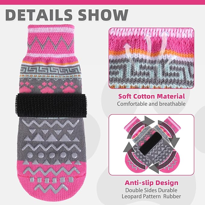 KOOLTAIL Dog Socks to Prevent Licking Paws for Hardwood Floors Anti Slip, Winter Warm Pet Boots&Paw Protector with Grippers, Double Sides Dog Shoes Booties for Small Medium Large Senior Dogs Pink M