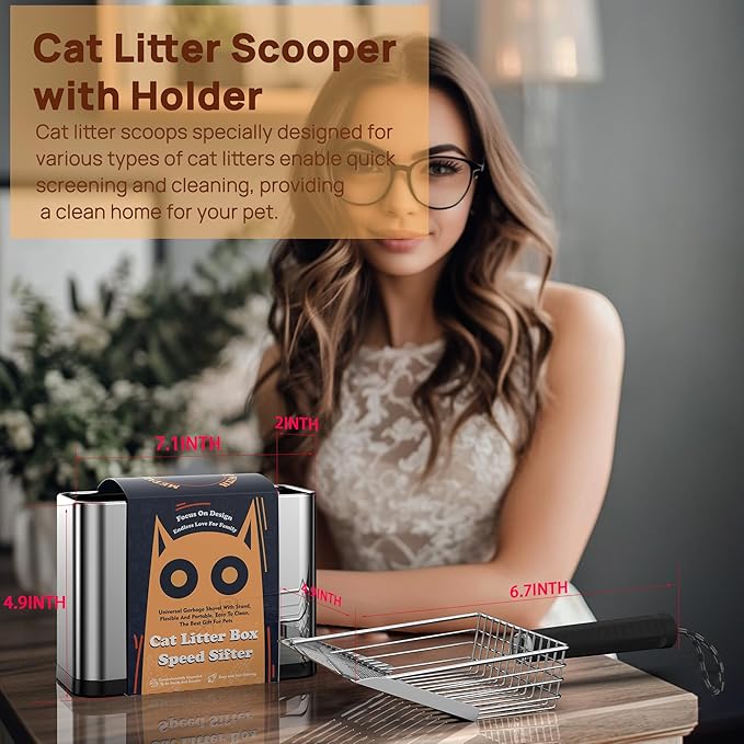 Heavy Duty Stainless Steel Cat Litter Scoop with Holder - Non-Slip Handle, Quick-Sifting Grid & Easy to Clean