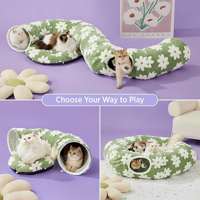 Lesure Large Cat Tunnel Bed - Cute Donut Bed for Indoor Cats with Washable Circle Cushion, Round Pet Peekaboo Cave Toy for Multi Kitten/Puppy/Rabbit, Large Green