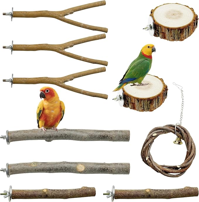 Allazone 10 PCS Natural Parrot Perch Bird Cage Accessories, Bird Platforms, Wood Stands, Grinding Fork Parakeet Platform for Small Lovebirds Budgies Cockatiels