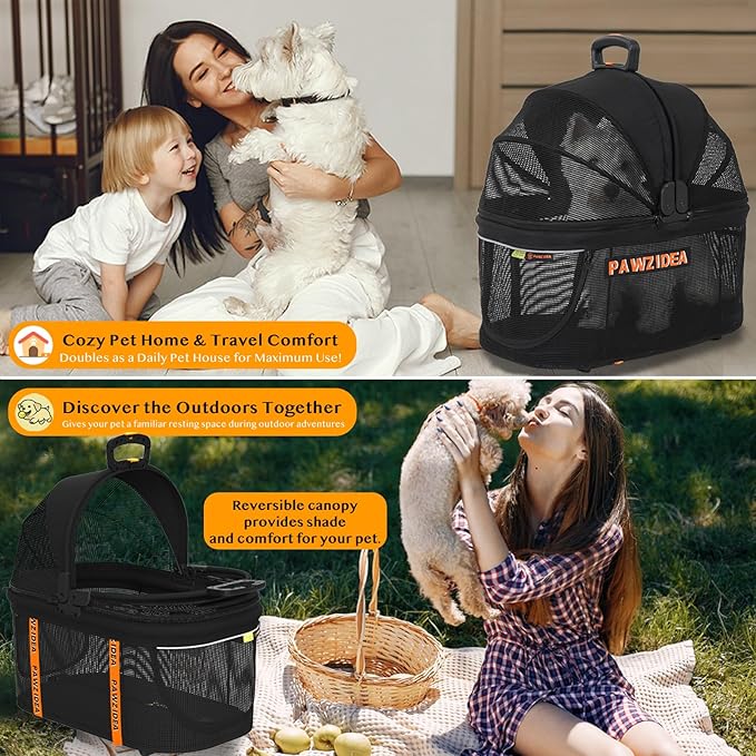 PAWZIDEA Dog Stroller 4 in 1, Pet Stroller for Cats with Detachable Carrier for Small/Medium Dogs/Cats, Seatbelt Car Seat Combo, Cozy House, Foldable & Lightweight Jogger Strollers, Storage Basket