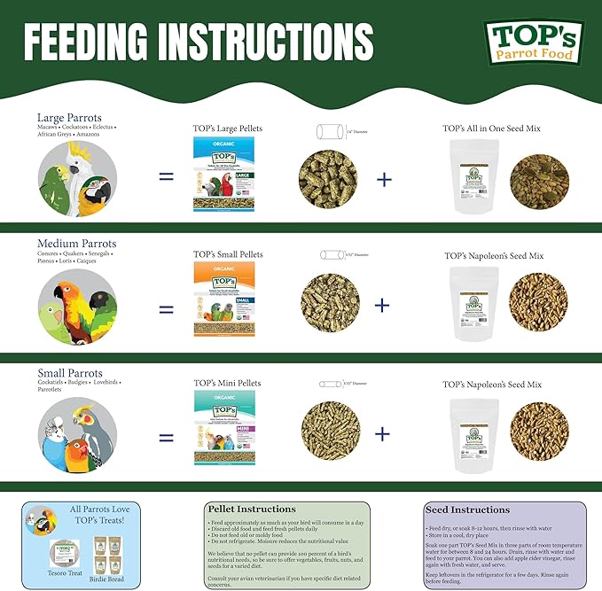 TOP's Parrot Food Pellets Hookbills, Small, Medium, Large Birds - Non-GMO, Peanut Soy & Corn Free, USDA Organic Certified - 1 lb / 453 g