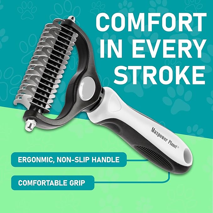 Maxpower Planet Pet Grooming Brush - Double-Sided Undercoat Rake for Dogs and Cats, Extra Wide, Reduces Shedding by 95%, White