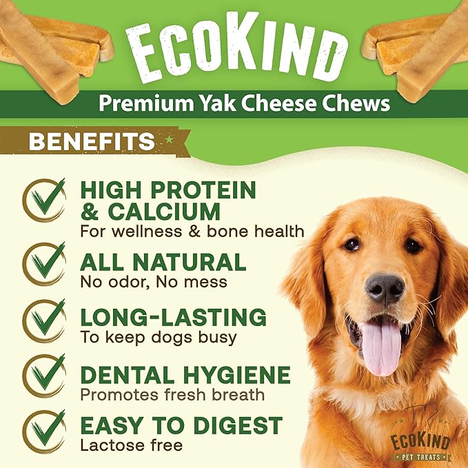 EcoKind Premium Gold Yak Cheese Himalayan Dog Chews, Dog Treats Large Breed, All Natural, High Protein, for Aggressive Chewers, Large - 4 Chews (1 lb)