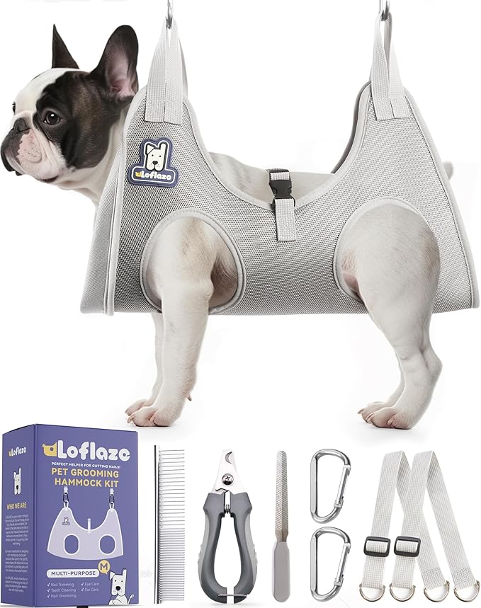 Dog Grooming Hammock Harness for Dogs & Cats with Pet Nail Clipper Trimmer - Cat Hanger Sling for Trimming Clipping Nails- Dog Hammock Restraint Bag for Small Medium Large pet （ Grey M ）