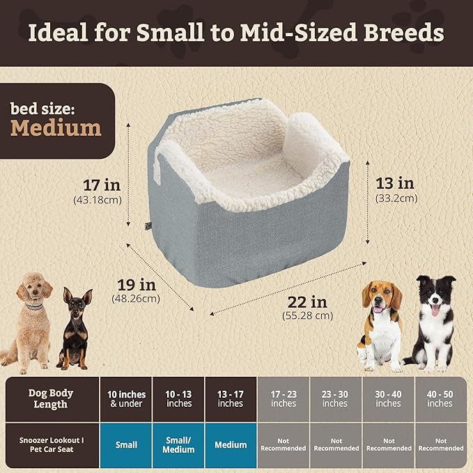 Snoozer Lookout I Dog Car Seat - Small Dog and Puppy Car Seat, Booster Bed for Small & Medium Size Pets up to 25 Lbs, Sherpa Lining, Elevated, Washable, Safe for Travel - Medium, Stone Diamond