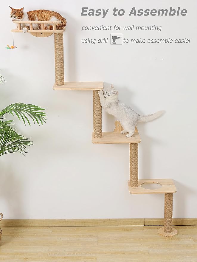 Cat Tree Wall Mounted with 4 Levels Shelves, 73" Wood Corner Tower Inside Kitten Scratching Post for Climbing,Perching and Lounging (Right to Left)