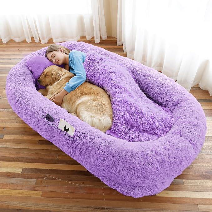 Human Dog Bed, 71''x45''x12'' Size Fits You and Pets, Washable Faux Fur Pet Bed for People Doze Off, Napping Orthopedic Dog Bed, Present Plump Pillow, Blanket, Strap - Purple
