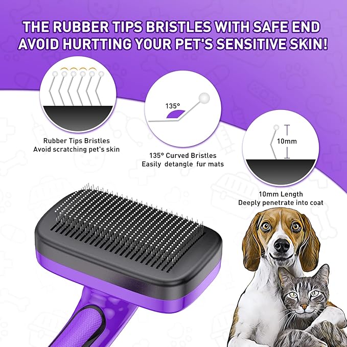 Dogs Cats Self Cleaning Slicker Brush for Shedding & Grooming Any Breed of Pets, Removes Loose, Undercoat, Mats, Tangled Hair for Small Medium Large Animal With Long Short Fur Length, Purple