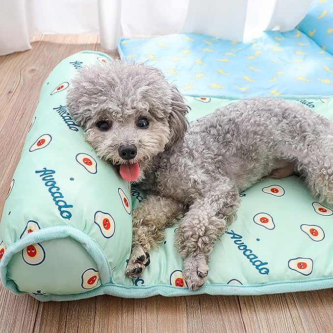 PUMYPOREITY Cooling Dog Bed, Pet Cooling Mat with Pillow, Ice Silk Cooling Dog Blanket, Self Cooling Pad for Cat,Dog, Washable Summer Pet Mat for Kennel, Crates, Sofa, Floor, Pink, L