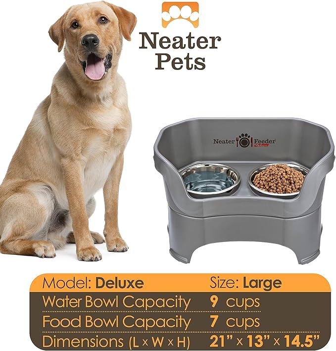 Neater Pet Brands Neater Feeder Deluxe Mess Proof Dog Bowls Elevated for Large Dogs Over 40 lbs, Made in USA, No Spill Raised Dog Food Bowl Stand Feeding Station, Food and Water Bowl Set, Grey