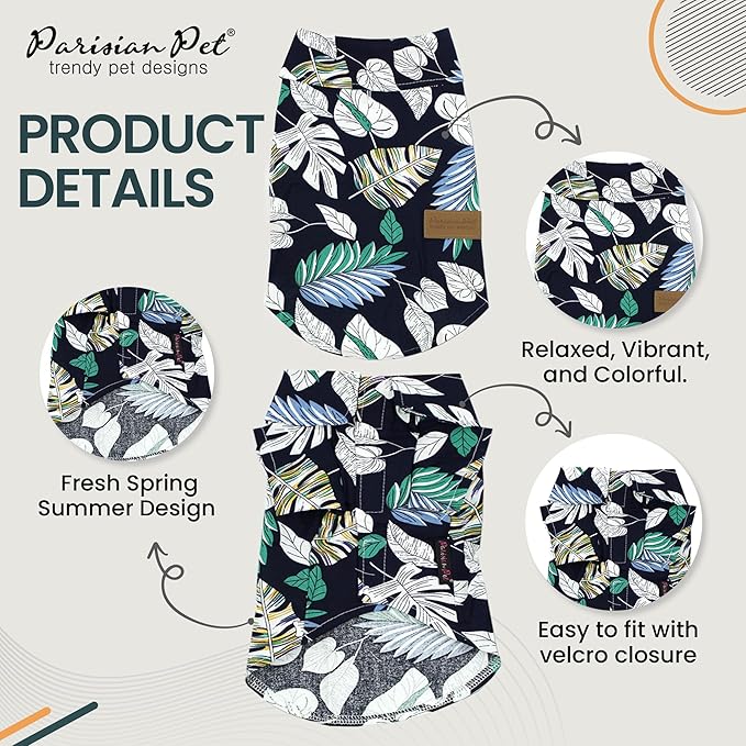 Parisian Pet Palm Leaves Shirt - 100% Cotton Summer Clothes - Stylish Beach Outfit for Dogs - Hook and Loop Closure Costume - Machine Washable - XL for Large Dogs