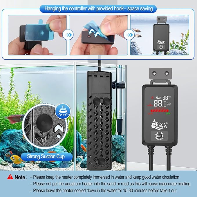 AQQA Aquarium Heater 500W for 55-130 Gallon Fish Tank Heater Quartz Glass Submersible Betta Fish Heater for Aquarium Thermostat Heater with External Digital Controller (AQ136-500W for 55-130Gal)
