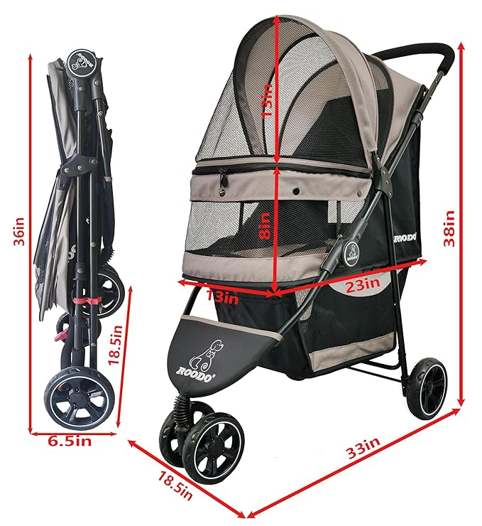 ROODO Escort 3 Wheel Dog Cat Pet Stroller for Small/Medium Dogs Cats Best Lightweight Foldable Portable Compact Jogger All Terrain Travel Pet Gear System Puppy Doggie Bunny Kitty Stroller(Grey)