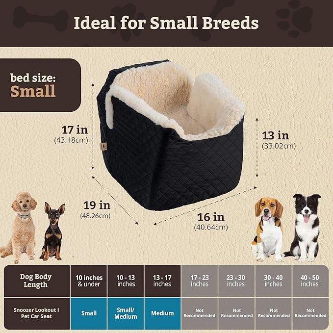 Snoozer Lookout I Car Seat - Dog Car Seats for Small Dogs, Puppy Booster Bed for Small Sized Pets up to 18 Lbs, Elevated, Washable - Size S, Black Quilted