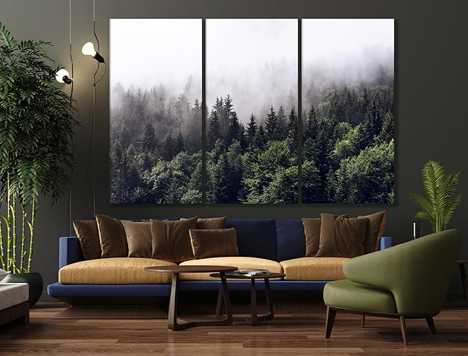 Nature Wall Art Prints - Ocean Forest Mountain Lake Canvas Landscapes - Small to Extra Large Living Room Bedroom Kitchen Bathroom Décor (Foggy Pine Forest, 39L" x 59W" - 3 Panels)