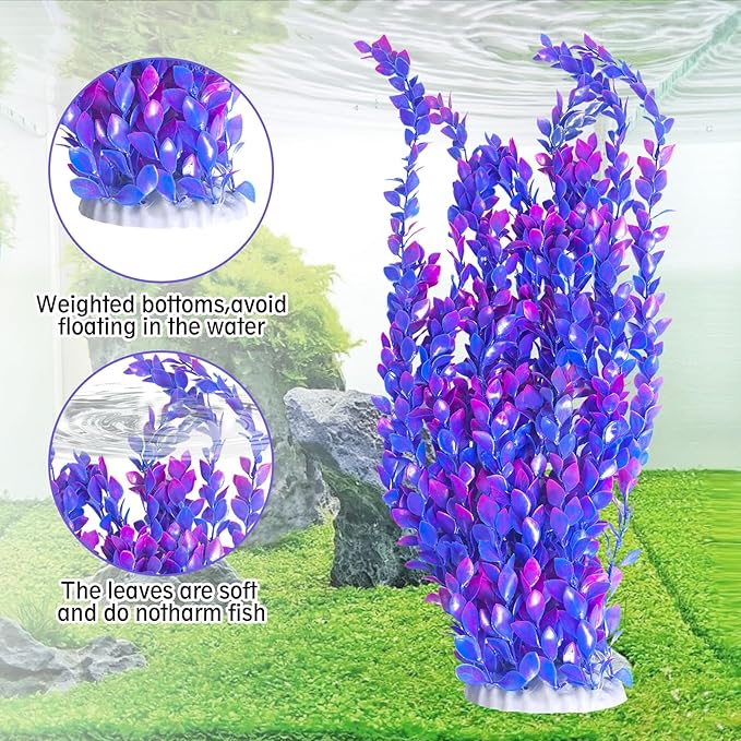 Hamiledyi Aquarium Plastic Plants Aquarium Decor Artificial Fish Tank Plants,Tall Fish Tank Decorations, Extra Large Aquarium Plant 23.6-inch Tall,2PCS（Purple Style A）