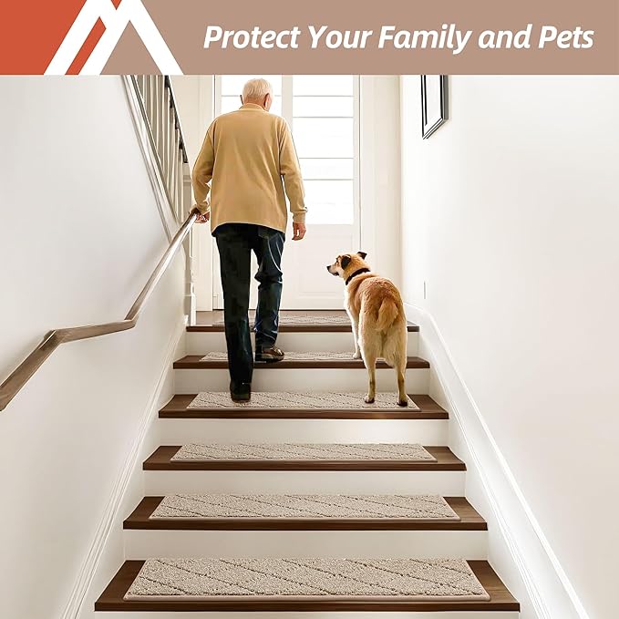 COSY HOMEER Edging Stair Treads Non-Slip Carpet Mat 28inX9in Indoor Stair Runners for Wooden Steps, Edging Stair Rugs for Kids and Dogs, 100% Polyester TPE Backing (15pc, Beige)