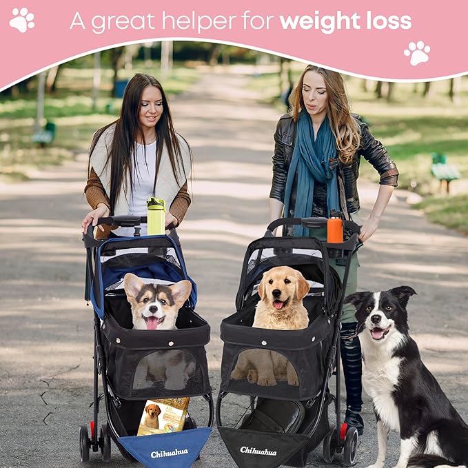Pet Stroller,Dog Stroller for Small Medium Dogs Cats,3 Wheels,Foldable,with Breathable Mesh Canopy,Cup Holders,Easy Assembly,Pink