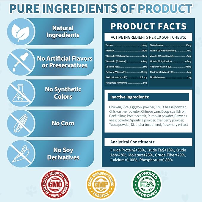Cat Multivitamin, Crunchy & Creamy Cheese Chew– Supports Energy and Skin & Coat – with Taurine, B-Complex, Zinc Methionine & Selenium Yeast – Daily Health Supplement for Cats of All Ages (500 Chew)