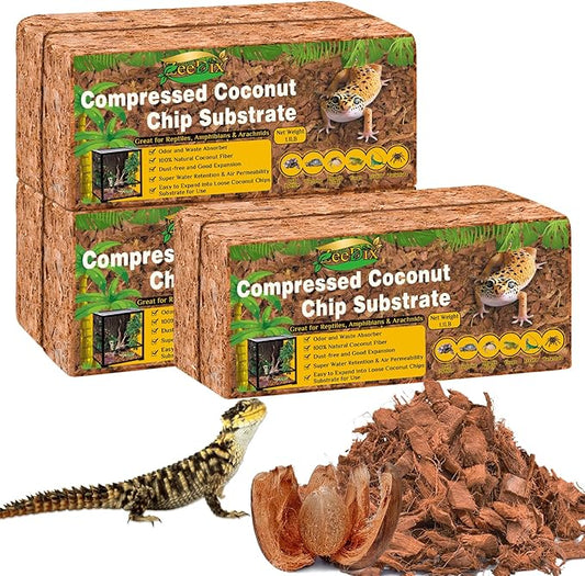 ZeeDix 6PCS Natural Coconut Chips Substrate for Reptiles, Coconut Fiber Husk Reptiles Bedding, Compressed Coco Chips Substrate for Ball Python, Snakes, Tortoise, Hermit Crab, Frogs, Lizard, Tarantula