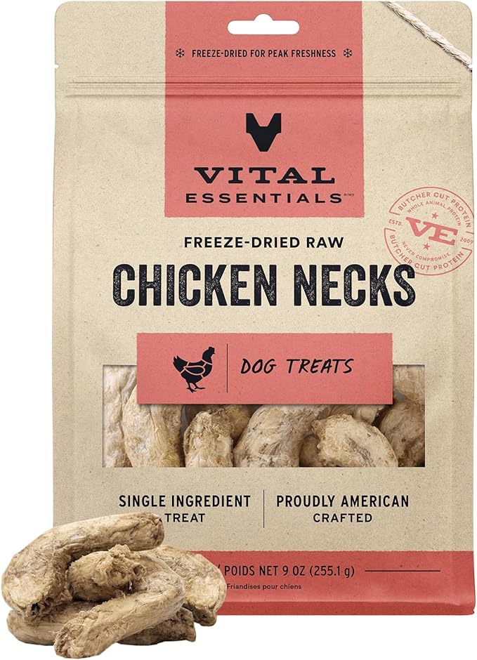 Vital Essentials Chicken Necks Dog Treats, 9 oz | Freeze-Dried Raw | Single Ingredient | Premium Quality High Protein Training Treats | Grain Free, Gluten Free, Filler Free