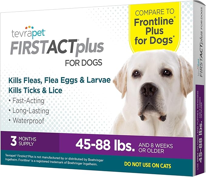 TevraPet FirstAct Plus Flea and Tick Topical for Dogs 45-88 Pounds, 3 Applicators