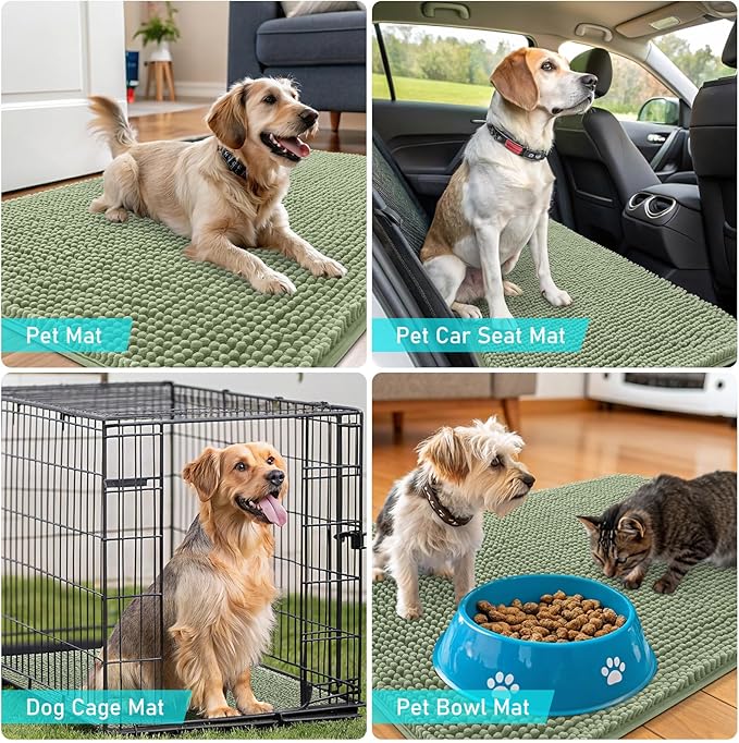 OLANLY Dog Door Mat Set 4-Piece 36x24, Absorbs Moisture and Dirt, Absorbent Non-Slip Washable Doormat, Quick Dry Chenille Mud Mat for Dogs, Entry Indoor Entryway Carpet for Inside Floor, Sage Green