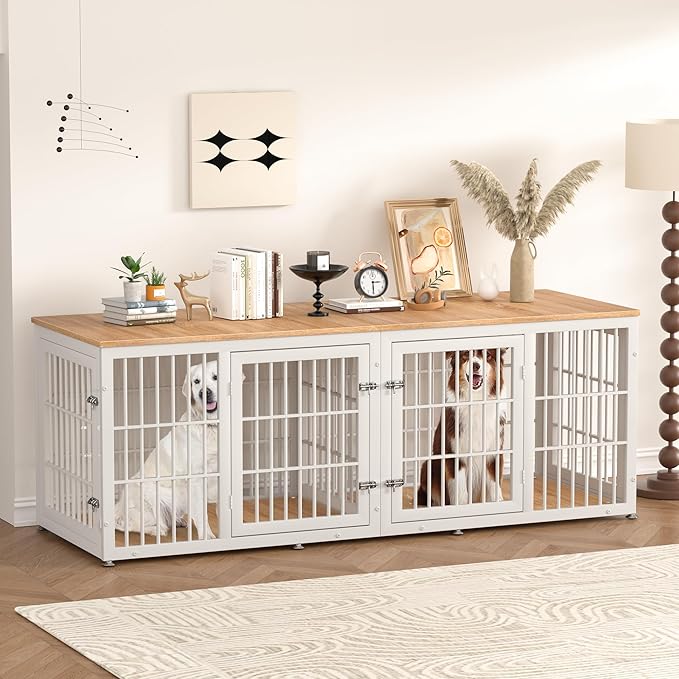 78 Inch Double Dog Crate Furniture, Heavy Duty Extra Large Cage Furniture with Divider for 2 Dogs, Decorative Wooden Kennel Furniture Indoor, Pet House for Large and Medium Dogs, White
