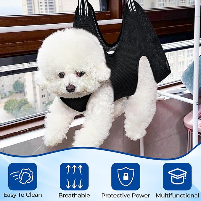 Pet Grooming Hammock for Cats & Dogs, Breathable Mesh Dog Hanging Harness for Nail Trimming, Grooming, Bathing Includes S Hooks, Comfortable Dog Grooming Harness (Black)