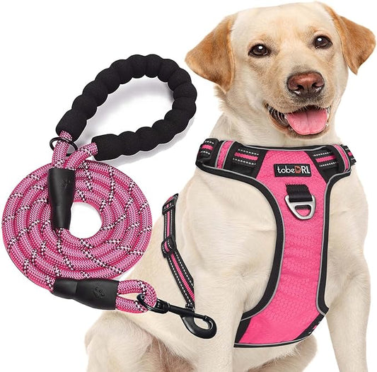 No Pull Dog Harness Adjustable Reflective Oxford Easy Control Medium Large Dog Harness with A Free Heavy Duty 5ft Dog Leash (XL (Neck: 21.5"-33", Chest: 30"-39.5"), Pink Harness+Leash)