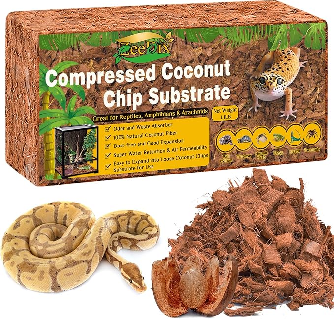 ZeeDix Natural Coconut Chips Substrate for Reptiles, Coconut Fiber Husk Reptiles Bedding, Compressed Coco Chips Substrate for Ball Python, Snakes, Tortoise, Hermit Crab, Frogs, Lizard, Tarantula