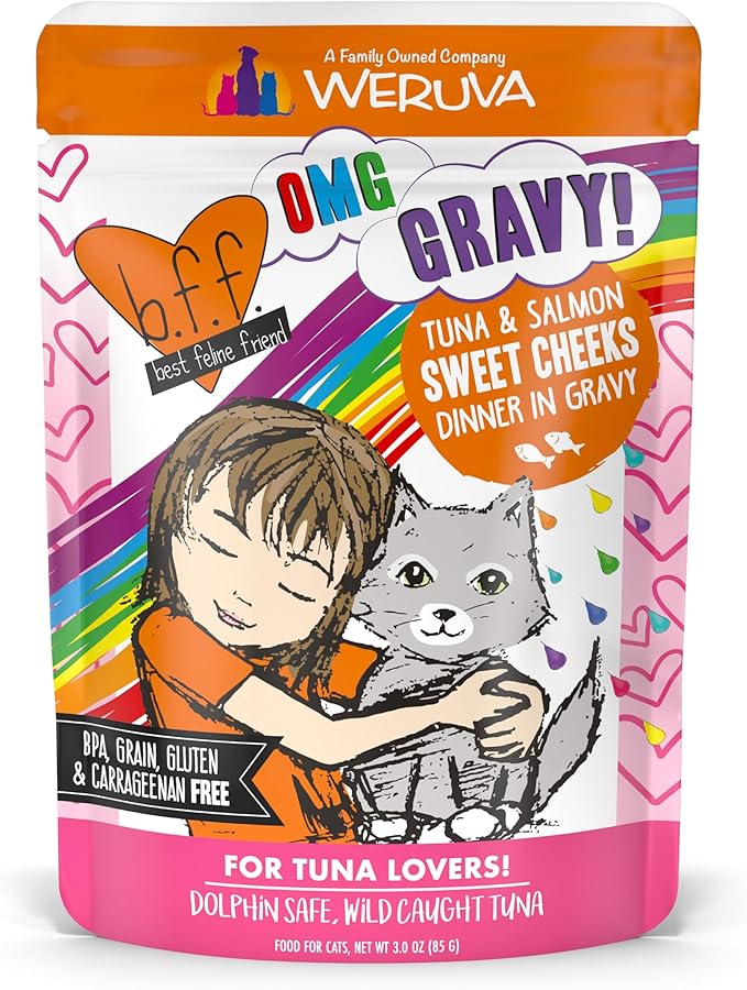 Weruva B.F.F. OMG - Best Feline Friend Oh My Gravy!, Tuna & Salmon Sweet Cheeks with Tuna & Salmon in Gravy Cat Food, 3oz Pouch (Pack of 12)
