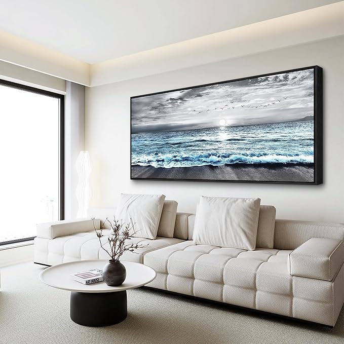 Wapluam Large Black Framed Wall Art For Living Room Wall Decorations For Bedroom Office Wall Decor Black And White Wall Painting Blue Sea Wave Pictures Artwork For Modern Beach Canvas Prints Poster