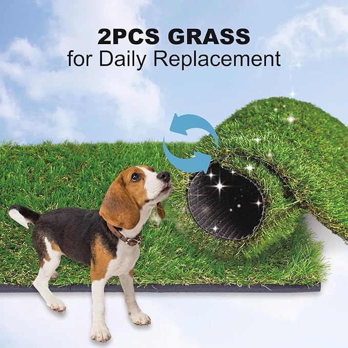 HQ4us Dog Grass Pad with Tray Medium 31”×21” Dog Litter Box Toilet with 2×Artificial Grass for Dogs with Hemmed Edge, Pee Pads for Dogs, Realistic, Less Stink, Potty for Balcony