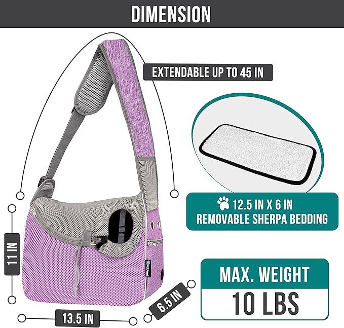 PetAmi Small Dog Sling Carrier, Soft-Sided Crossbody Puppy Carrying Purse Bag, Adjustable Sling Pet Pouch to Wear Medium Dog Cat Travel, Dog Bag for Traveling, Poop Bag Dispenser, Max 10 lbs, Purple