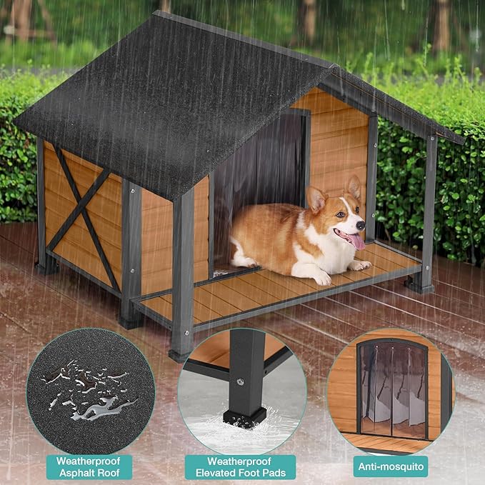 Outdoor Dog House,Weatherproof Wooden Dog Shelter for Medium to Large Sized Dogs,Iron Frame Indoor Outdoor Doghouse,Puppy Kennel,Pets Warm House in Winter with Large Porch